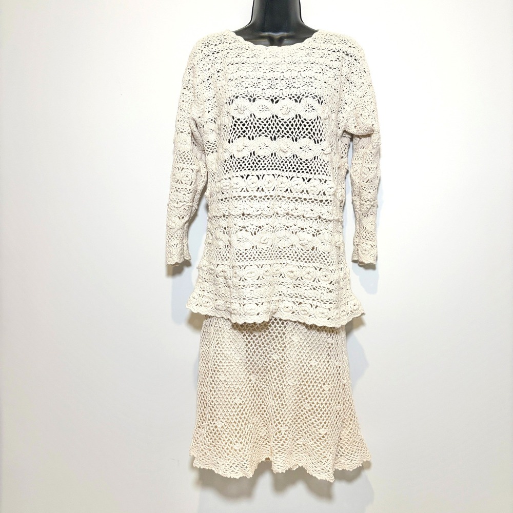 Vintage Express Tricot Crochet Skirt Set Handknitted Cream Ramie Cotton Small
